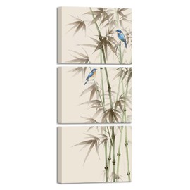 KREATIVE ARTS 3 Piece Bamboo Canvas Wall Art Set Zen Print with American Robin Bird Chinese Painting Triptych Botanical Plant Artwork Asian Wall Decor for Yoga Spa Each Panel 12x16