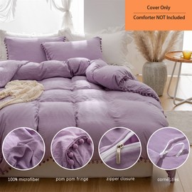 IHOUSTRIY Duvet Cover Full Size,100% Washed Microfiber 3pcs Bedding Duvet Cover Set, Pom Poms Fringe Solid Color Soft and Breathable with Zipper Closure & Corner Ties (Purple, Full)