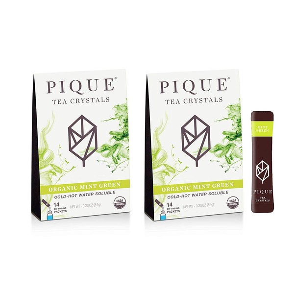 Pique Tea Organic Mint Green Tea Crystals - Immune Support, Gut Health, Fasting - 28 Single Serve Sticks (Pack of 2)