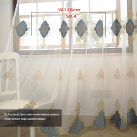 SLOW SOUL 2 Panels European Luxury Curtains Velvet Embroidered Tulle for Living Room Kitchen Bedroom Sheer Curtain with Rod Pocket Light Blue 50W X 69L inch