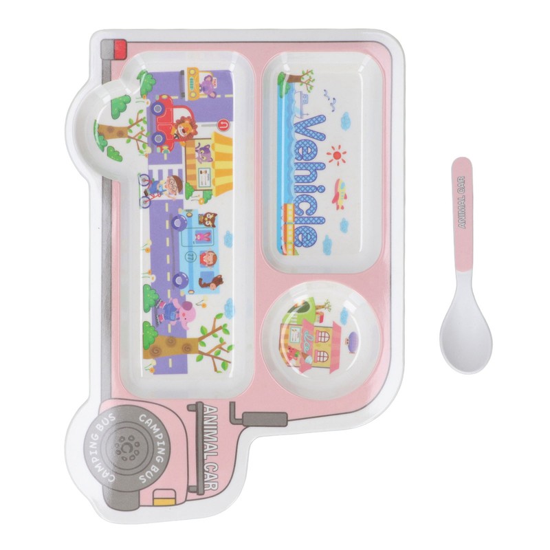 Kids Dinner Plate with Spoon Bamboo Fiber Divided Plates Cartoon