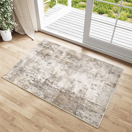 WondRg 2x3 Washable Area Rug for Entryway Non-Slip Brown Grey Neutral Carpet Low Pile Soft Thin Tapis Salon Abstract Modern Vacuumable Lightweight Small Door Mat for Entrance Kitchen Bathroom Indoor