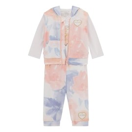GUESS Baby Girl Eco Hooded Vest with Short Sleeve Bodysuit and Sweatpants, Aop Flower Watercolor, 6 Months