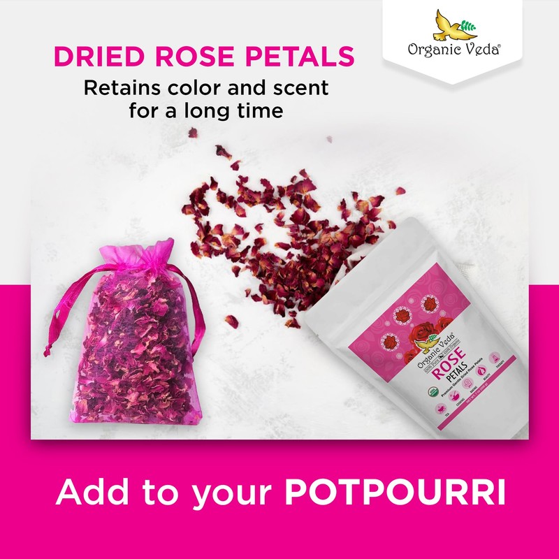 Organic Veda Dried Rose Petals, 4 oz - 100% Organic