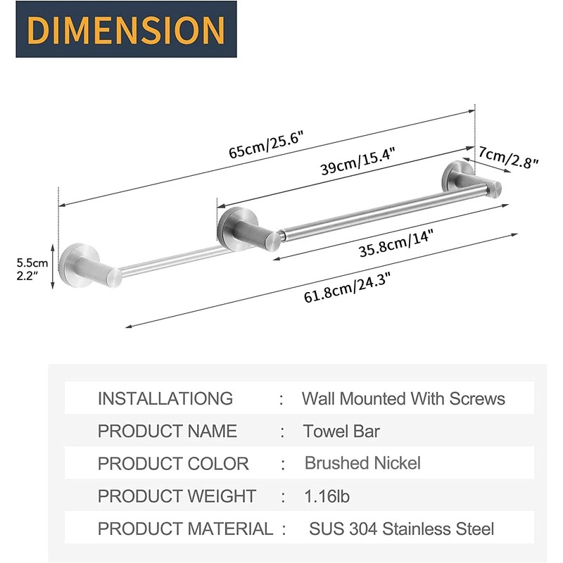 BESy Adjustable 15 to 26 Inch Single Bath Towel Bar