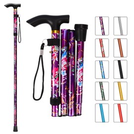 MFE Folding Cane, Portable 5-Level Adjustable Height Walking Stick with Foldable Design, Wrist Strap, and T Handle for Men and Women, Purple Floral