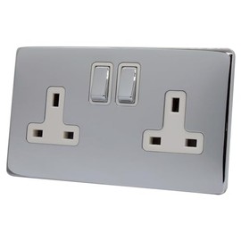 Discount Electrix 2 Gang Plug Socket Polished Chrome Screwless Flat Plate Design with White Insert
