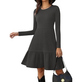 Zeagoo Women's Long Sleeve Round Neck Dresses 2025 Fall Ribbed Knit Dresses for Women Plus Size Knee Length Sweater Dress Tunic Flowy Dress Grey XXL