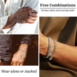 2 Pcs Stainless Steel Bracelet for Men Women Sturdy Silver Rope Figaro Cuban Link Bracelet Set Stack Silver Chain Bracelets for Men Dad Husband