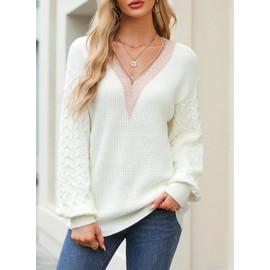 EVALESS Women's Long Sleeve Sweaters Fall 2024 Trendy Sexy Lace V Neck Knit Drop Shoulder Ladies Cute Winter Pullover Tunic Sweater Jumper Tops White Medium