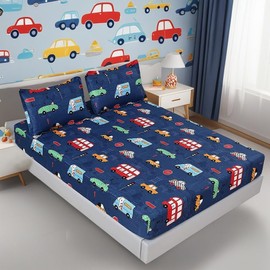 MAG 3Pcs Cars Twin Sheets Transportation Vehicle,Blue Twin Size Sheet Set for Boys Girls Kids,Teens and Car Lovers with 1 Fitted Sheet 14'' Deep Pocket and 2 Pillowcase.