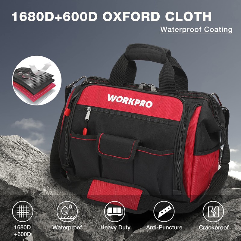 WORKPRO 16" Top Wide Mouth Tool Bag with Water Proof