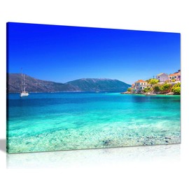 Blue Beach Sea Nature Kefalonia Island Greece Canvas Wall Art Picture Print (36x24in)