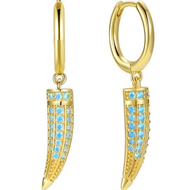 Dainty Dagger Hoop Earrings | Pavé Italian Horn Huggies for Women | 14K Gold Plated Sterling Silver Mini Claw Dangle (Blue Gemstone)