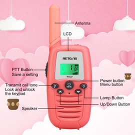 Retevis RT637 Walkie Talkie Kids, Aged 6-12, Toys with LED Flashlight, Long Range 16CH VOX, Gifts for Children Family Travel Outdoor Indoor Games (1 Pair, Pink)