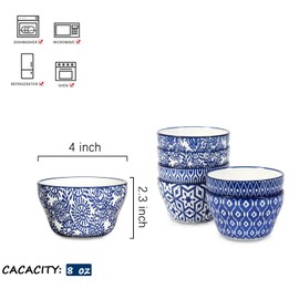 Selamica Ceramic 8oz Bouillon Cups 4 Inch Small Bowls, Dessert bowls for Soup Dipping Sauce Coffee Cupping, Microwave Dishwasher Safe, Set of 6, Vintage Blue