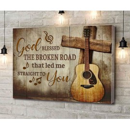 Canvas Wall Art Guitar Canvas God Blessed The Broken Road That Led Me Straight To You Wooden Style Artwork Wall Art for Living Room Bedroom Bathroom Room Office Decor Framed 16''x24''