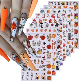 LOPMNGHT 8 Sheets Thanksgiving Nail Stickers 3D Self-Adhesive Maple Leaves Decal Cute Squirrel Pumpkin Design Fall Winter Decoration Mushroom Sunflower Art Supplies for Women