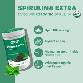 Certified Organic Fresh Spirulina Extra Powder 300g - Improved with Bioavailable Chlorophyll Added - Mint flavoured - Clean Source - 3rd party tested - Measuring Spoon Inside - Made in Canada