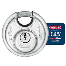 ABUS Diskus padlock 24IB/50 made of stainless steel - with 360° all-round protection - for protection against severe weather conditions - 20318 - ABUS security level 7 - silver/blue