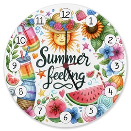 speecheese Sun and Summer Wall Clock Aluminium with Saying Summer Feeling Colourful Text and Summer Motifs Bright and Vivid for Good Mood in Any Room