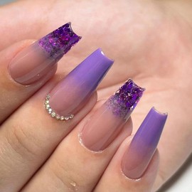 Press on Nails for Sticking, Pack of 24 Medium Length Square French Artificial Nails, Shiny French Tip Artificial Nails, Purple Acrylic Fingernails, Fake Nails for Women and Girls