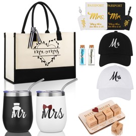 VAIPI Wedding Gifts for Couples 2025, Personalized Mr & Mrs Gifts for Honeymoon, Engagement Gift for Newlyweds with 12 oz Insulated Tumblers Caps Passport Holders Baggage Tags Wishing Bottles Tote Bag