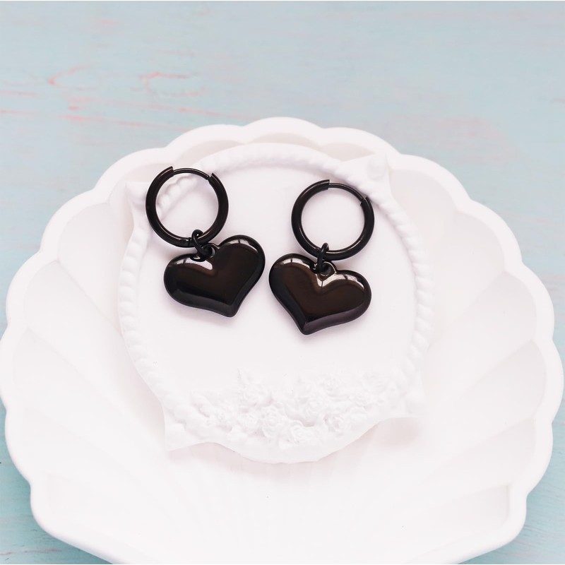 Black Heart Drop Earring for Women,Dangle Huggie Hoop Jewelry for