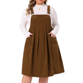 Agnes Orinda Plus Size Corduroy Pinafore Dress for Women Pleated Adjustable Strap Suspender Skirt Short Overall Dress 1X Brown