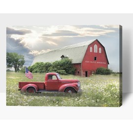 Farmhouse Old Truck Canvas Wall Art, Red Barn Pictures Wall Art, Country Antique Pickup Truck Canvas Prints, Red Truck With USA Flag Art Prints for Automobile Collector or Man Cave Decor 12x18 Inches