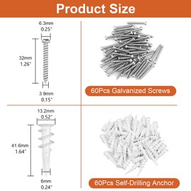 CAEYPOAR 120pcs Self Drilling Drywall Anchors, Premium Drywall Anchors, Drywall Anchors and Screws Kit, 70lb Hanging and Mounting, 60 Self-Tapping/Threaded Plastic Sheetrock Anchors, 60#8x1-1/4 Screws