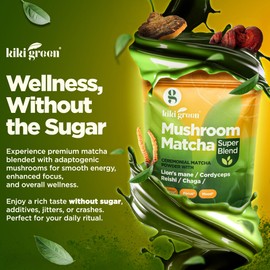 KIKI Green Mushroom Matcha Super Blend - Matcha Powder with Lion's Mane, Chaga, Reishi, Cordyceps - Mushroom Coffee Alternative for Energy, Focus, Immunity - 8 oz, 40 Servings