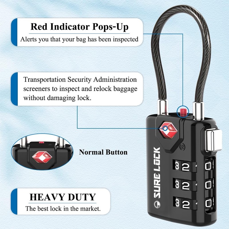 SURE LOCK TSA Compatible Travel Luggage Locks, Inspection Indicator, Easy