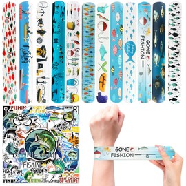 CZWXOXO 74 Pcs Fishing Theme Party Favors 24 Pcs Fishing Theme Slap Bracelets 50 Pcs Fishing Theme Stickers Fishing Theme Birthday Party Decorations，Classroom Rewards Supplies