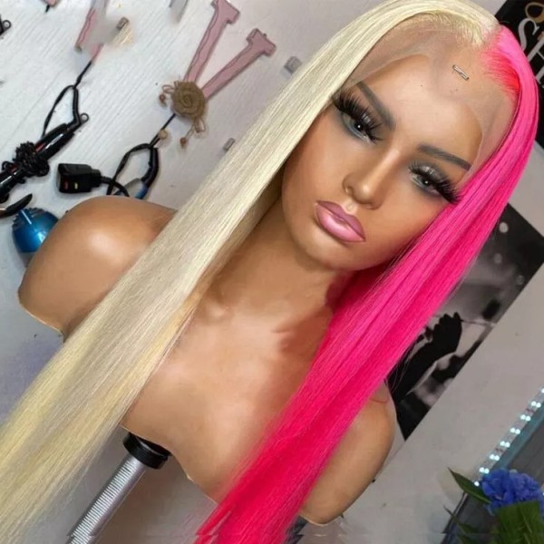 Unbranded 26'' StraightHalf Blond Half Pink Lace Front Synthentic High