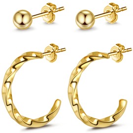 Ohrringe Gold Creolen, Hypoallergen Ohrringe Damen Gold, Wasserfeste Goldene Ohrringe Damen, 2 Paar Ohrringe für Mehrere Ohrlöcher, Ohrringe Set Gold Creolen Gold Damen Geschenke für Frauen