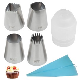 Kyuionty 4 Pcs Extra Large Piping Tips (R22L F06 9FT F02), Stainless Steel Round Icing Tips Star Square Wide X-Large Piping Tips for Jumbo Eclair Churro Meringue, with Coupler & Silicone Pastry Bag