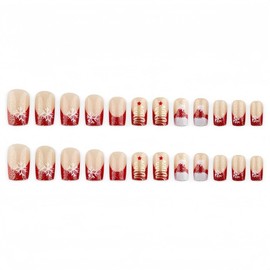 Christmas Press on Nails Short Square Fake Nails Red French Tip Glue on Nail with Santa Hat Snowflake Glitter Designs Christmas Nails Press on Red Acrylic Nails Xmas Stick on Nail for Women 24 Pcs
