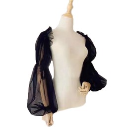 SMTCM 2 Pairs Removable Puff Sleeves for Wedding Dress Black Bridal Sleeves Tulle Sleeves with Spandex Band Transparent Arm Warmers Arm Cover Bridal Accessories Fingerless Gloves Long Fake Sleeves for