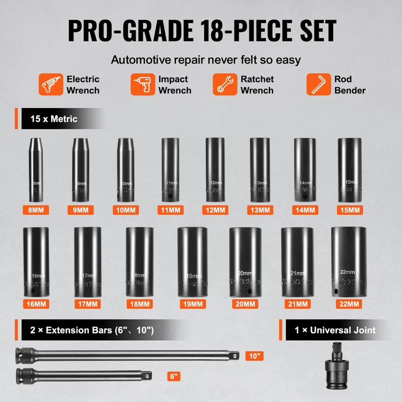 VEVOR Drive Impact Socket Set 3/8" - 18 Piece Deep