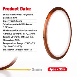 YIXISI 4 PCS 3mmx33m High Temperature Tape, Kapton Tape, Polyimide Tape, Sublimation Tape, Thermal Transfer Tape, for Elecric Products, 3D Printers, Up to 280℃ (536℉)