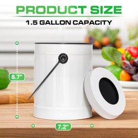 Plexon Countertop Compost Bin with Lid, White 1.5 Gallon Odorless Kitchen Compost Container, Steel Food Compost Bucket for Kitchen with Charcoal Filter, Compost Pail for Kitchen Countertop