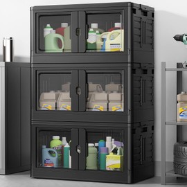 BROVIEW V7 Stackable Storage Bins, 115QT 26 Gal Closet Organizers and Storage with Doors, Plastic Collapsible Storage Bins with Lids and wheels, Folding Storage Box for Home Dorm, 3 Pack Black