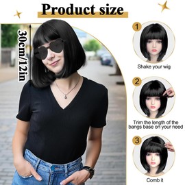 Black Wig for Women, Black Bob Wig with Fringe Straight, Natural Looking, Natural Synthetic Fiber Wig, Bob Wig with Fringe for Daily Use, Cosplay Party, Fancy Dress