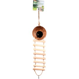 Bird Life Hanging Coconut Hide with Ladder - Perch Toy for Birds - Parrots, Parakeet, Conures, Cockatiel