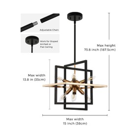 DORESshop 8-Light Black Gold Sputnik Chandelier, 15-Inch Modern Industrial Adjustable Hanging Light Fixture, Geometric Pendant Light Fixtures for Dining Room Living Room Kitchen Foyer Entryway Island