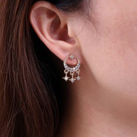 Inateannal Boho Crystal Moon Star Earring Rhinestone Northstar Earrings Crystal Star Tassel Earring Gold CZ Half Moon Stud Earrings Sparkling Starburst Earrings Jewellery for Women and Girls, Zinc, No