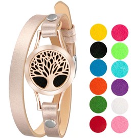 Wild Essentials Rose Gold Tree Essential Oil Bracelet Diffuser, Leather Wrap Band, Stainless Steel Locket Pendant, 12 Color Refill Pads, Customizable Color Changing Perfume Jewelry for Aromatherapy