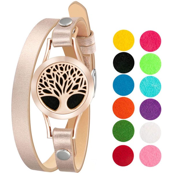 Wild Essentials Rose Gold Tree Essential Oil Bracelet Diffuser, Leather Wrap Band, Stainless Steel Locket Pendant, 12 Color Refill Pads, Customizable Color Changing Perfume Jewelry for Aromatherapy