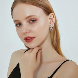 Gold Bow Earrings for Women Pearl Dangle Earrings Christmas Pearl Bow earrings Wedding Party Holiday Jewelry Christmas Stocking Stuffers Gifts for Women